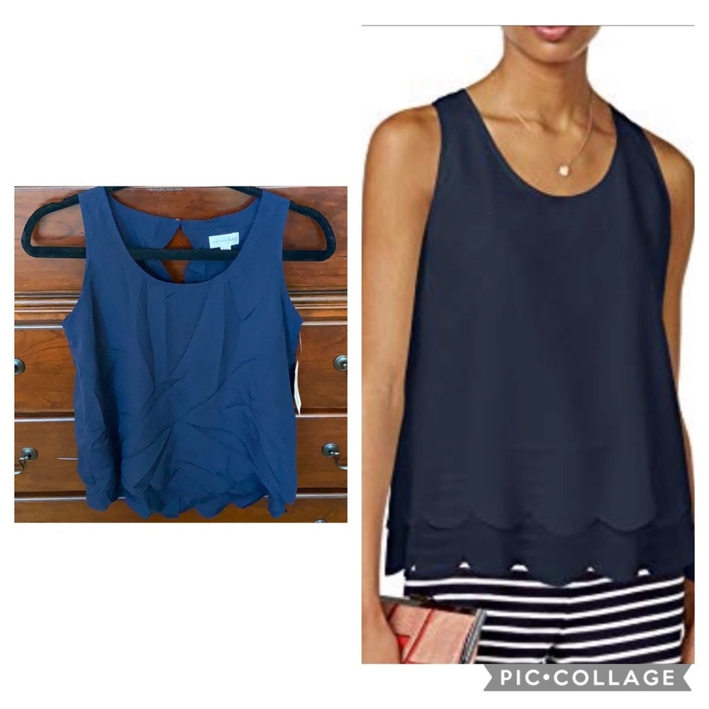 NWT Maison Jules Scalloped Trim Navy Tank, XXS